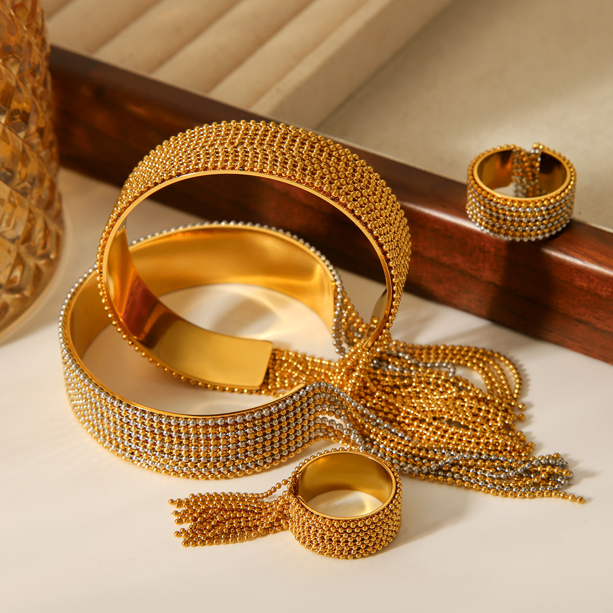ANELLO ELEGANCE CON PENDENTI IN ORO ACCIAIO INOX 304 REGOLABILE