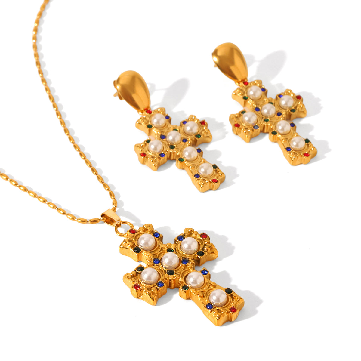 COLLANA CROCE CON PERLE ACCIAIO INOX 304 REGOLABILE