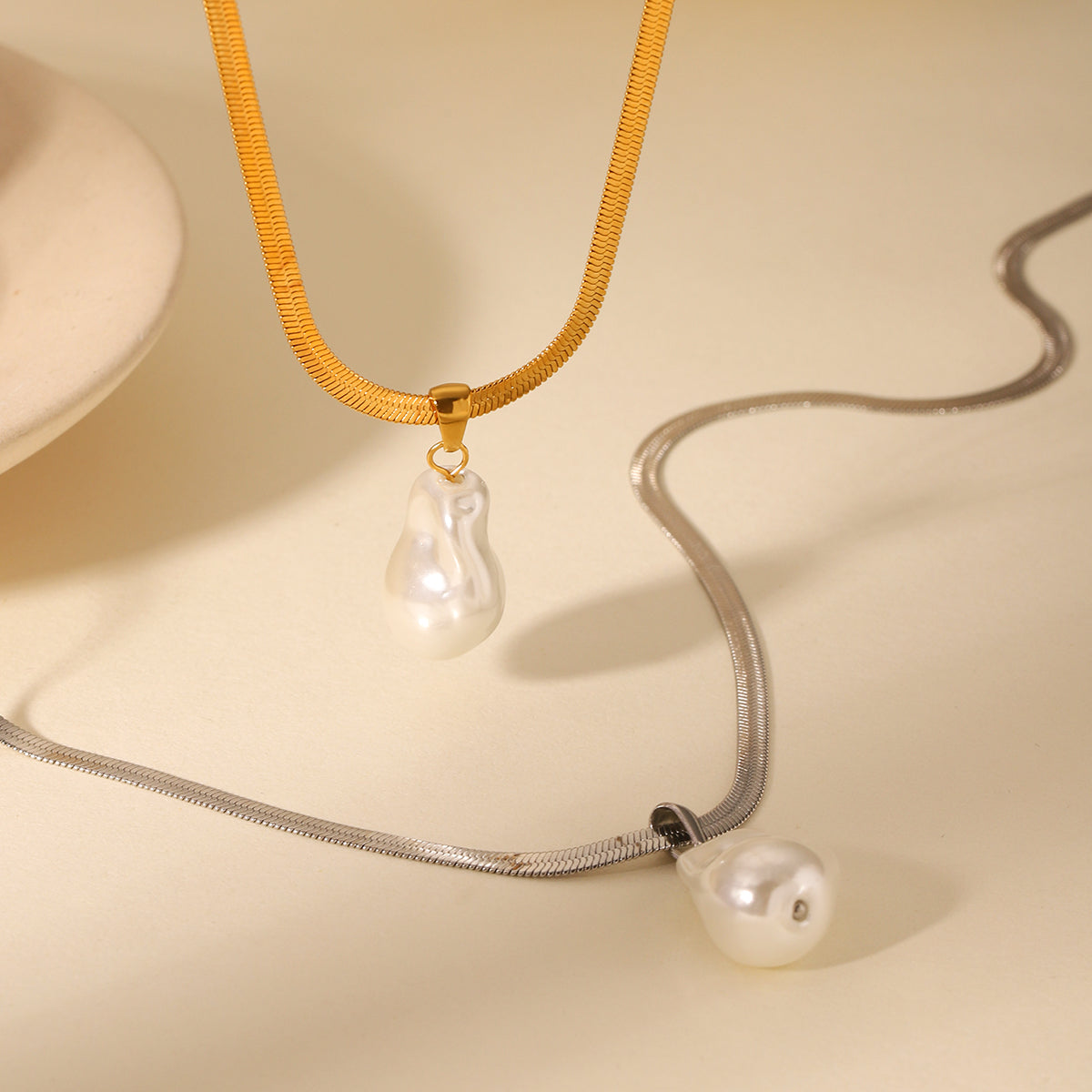 COLLANA SNAKE ARGENTO CON CIONDOLO PERLA ACCIAIO INOX 304