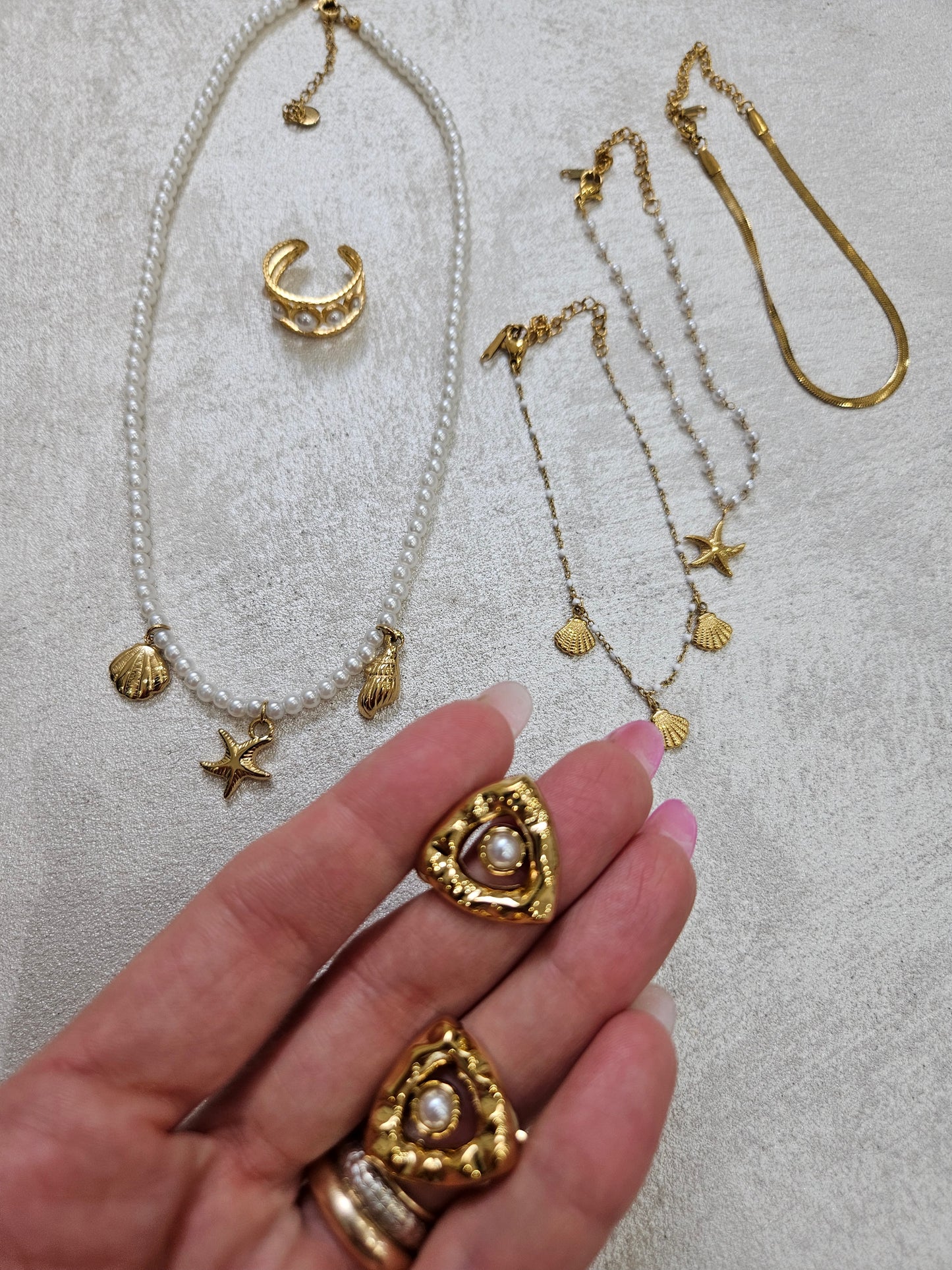 Completo oz 4 collana tris di bracciali anello e orecchini con perle in acciaio inox