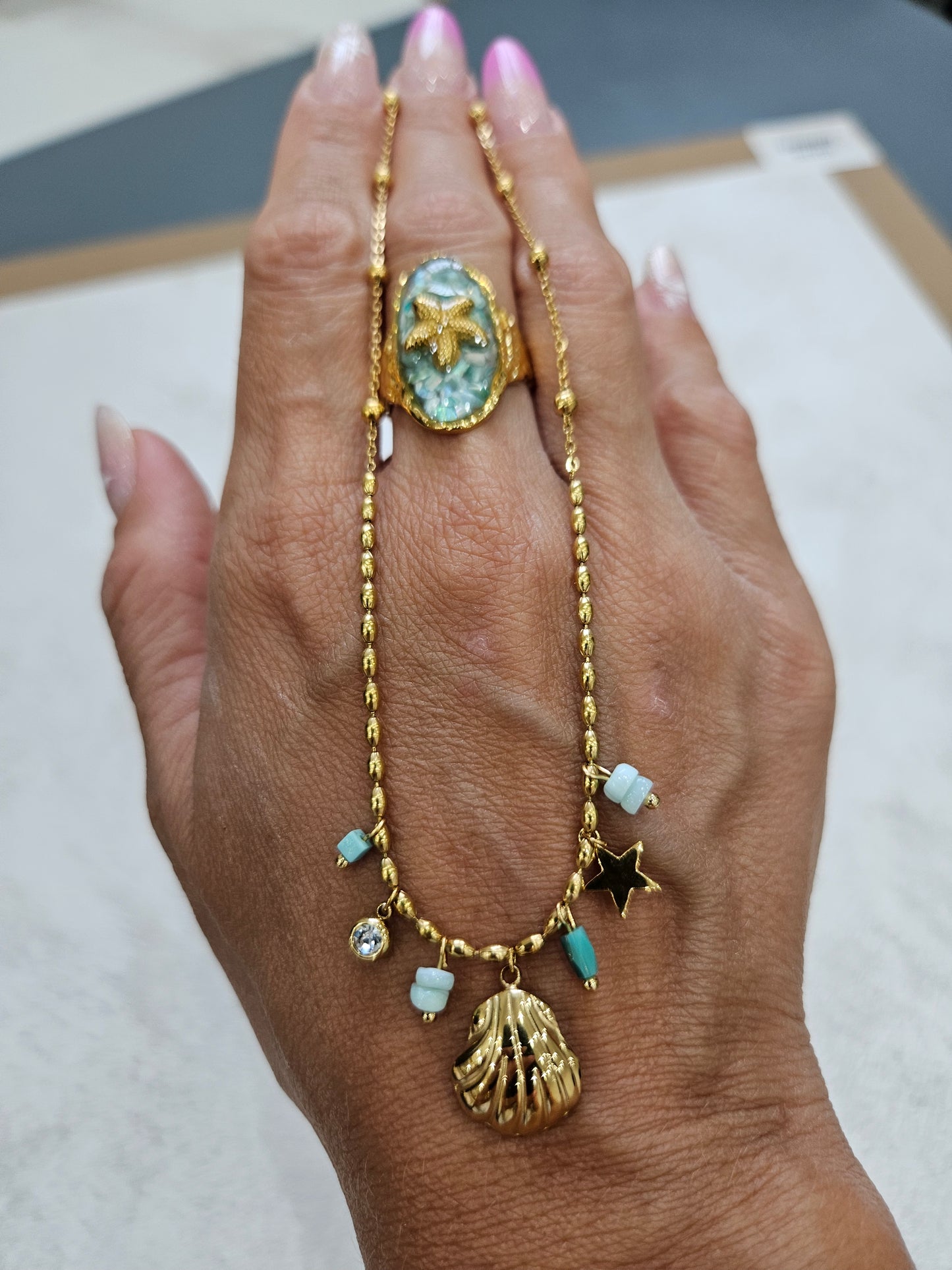 Completo stella marina anello+collana in acciaio inossidabile