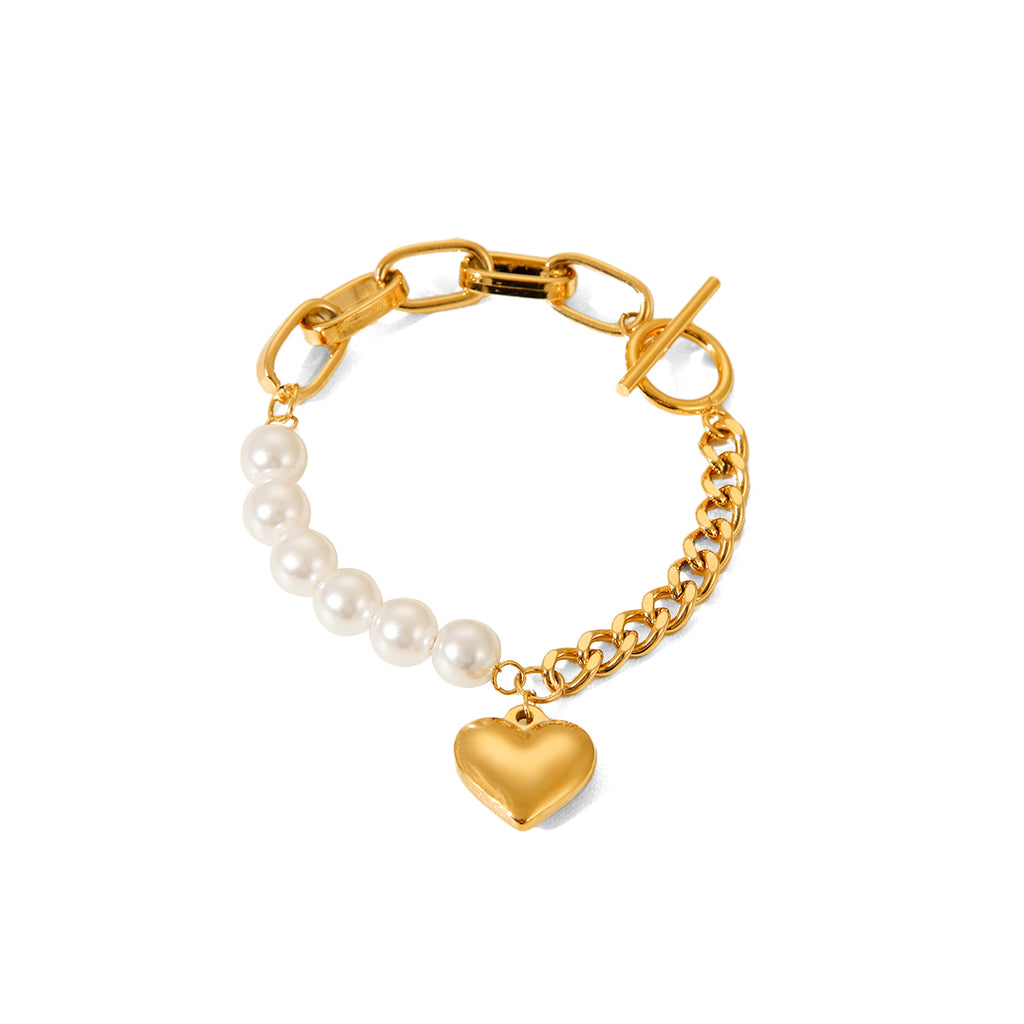 BRACCIALE PERLA CON CIONDOLO A CUORE IN OROR  ACCIAIO INOX 304 MIS.19 CM