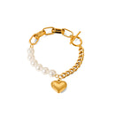 BRACCIALE PERLA CON CIONDOLO A CUORE IN OROR  ACCIAIO INOX 304 MIS.19 CM