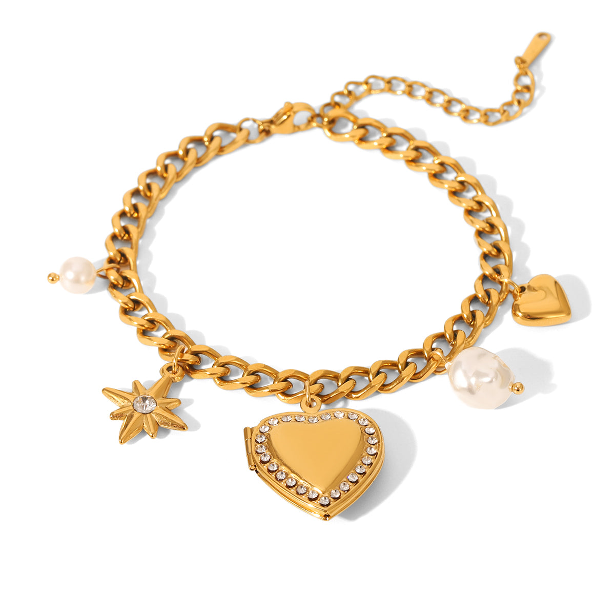 BRACCIALE LOVE CON CIONDOLI TRASS E PERLE ACCIAIO INOX 304