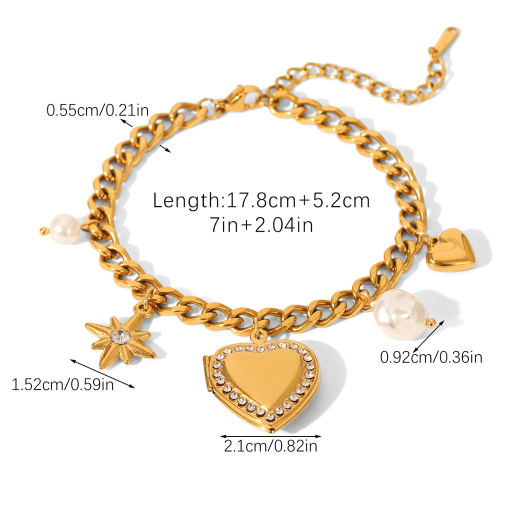BRACCIALE LOVE CON CIONDOLI TRASS E PERLE ACCIAIO INOX 304