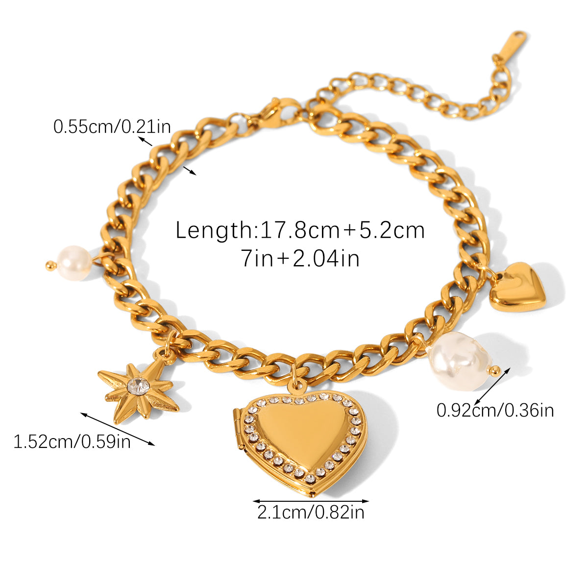 BRACCIALE LOVE CON CIONDOLI TRASS E PERLE ACCIAIO INOX 304