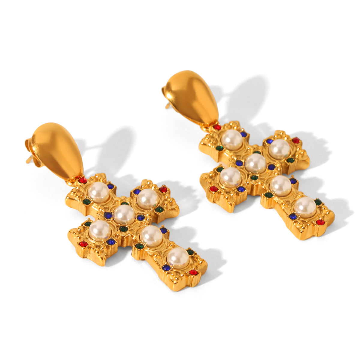 ORECCHINI CROCE CON PERLE  ACCIAIO INOX 304