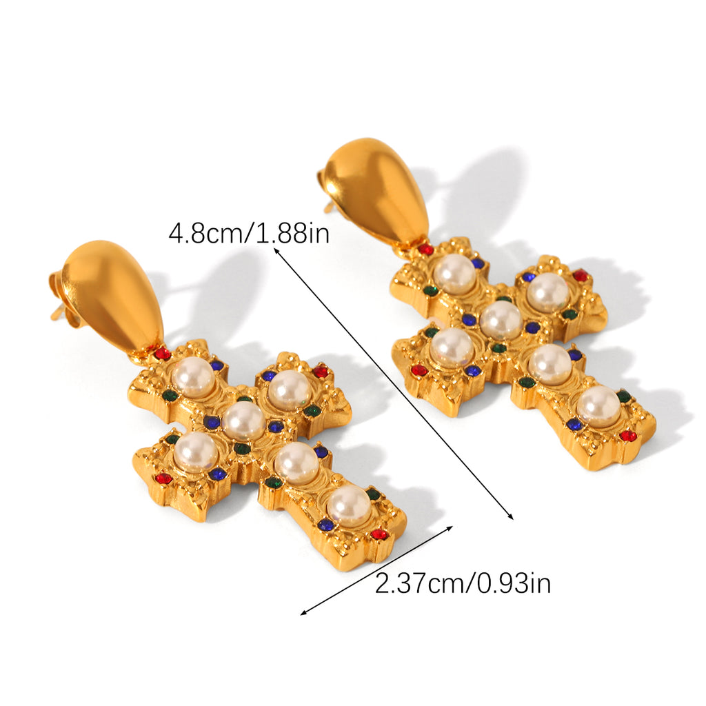 ORECCHINI CROCE CON PERLE  ACCIAIO INOX 304