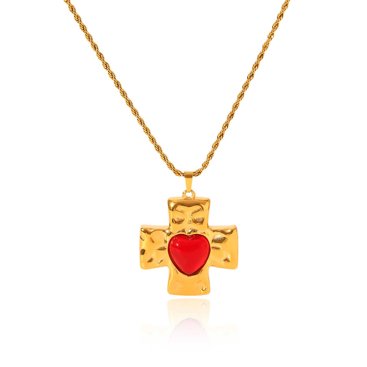 COLLANA SACRO CUORE IN ORO CON PIETRA CUORE ROSSA ACCIAIO INOX 304 REGOLABILE
