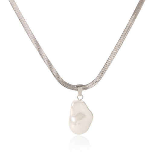 COLLANA SNAKE ARGENTO CON CIONDOLO PERLA ACCIAIO INOX 304