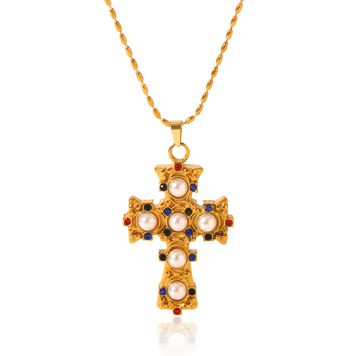 COLLANA CROCE CON PERLE  ACCIAIO INOX 304 REGOLABILE