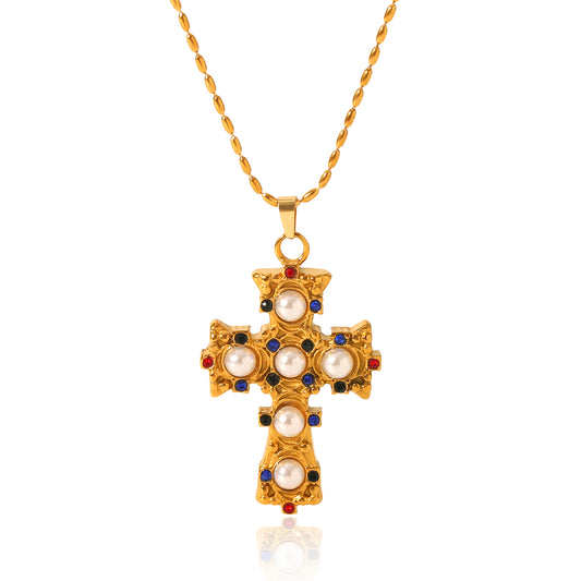 COLLANA CROCE CON PERLE  ACCIAIO INOX 304 REGOLABILE