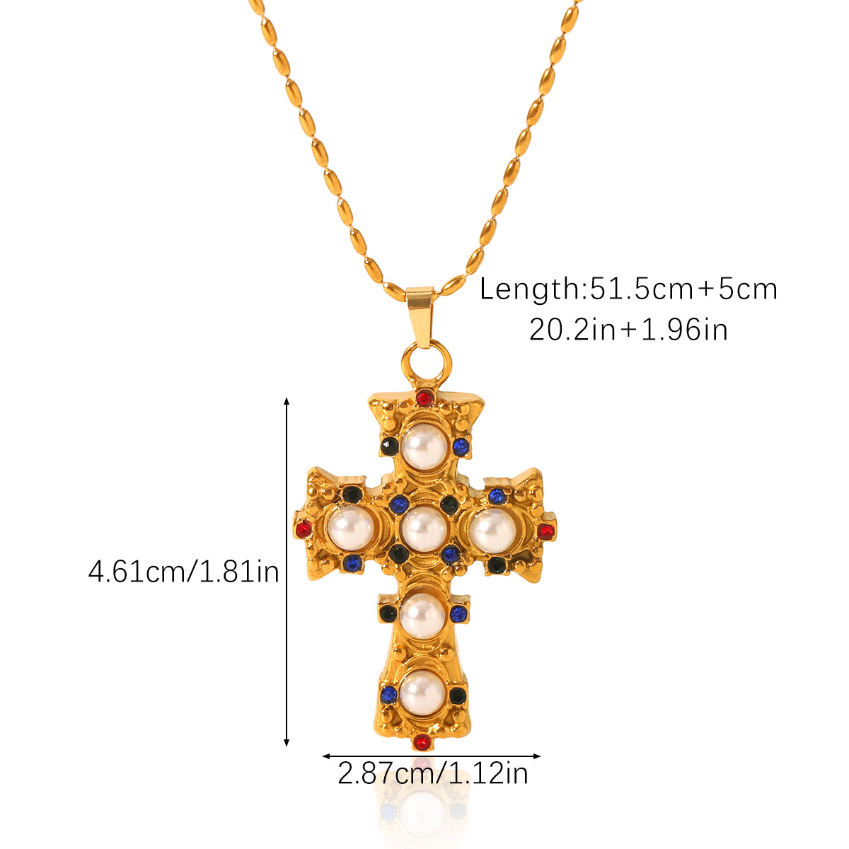 COLLANA CROCE CON PERLE  ACCIAIO INOX 304 REGOLABILE