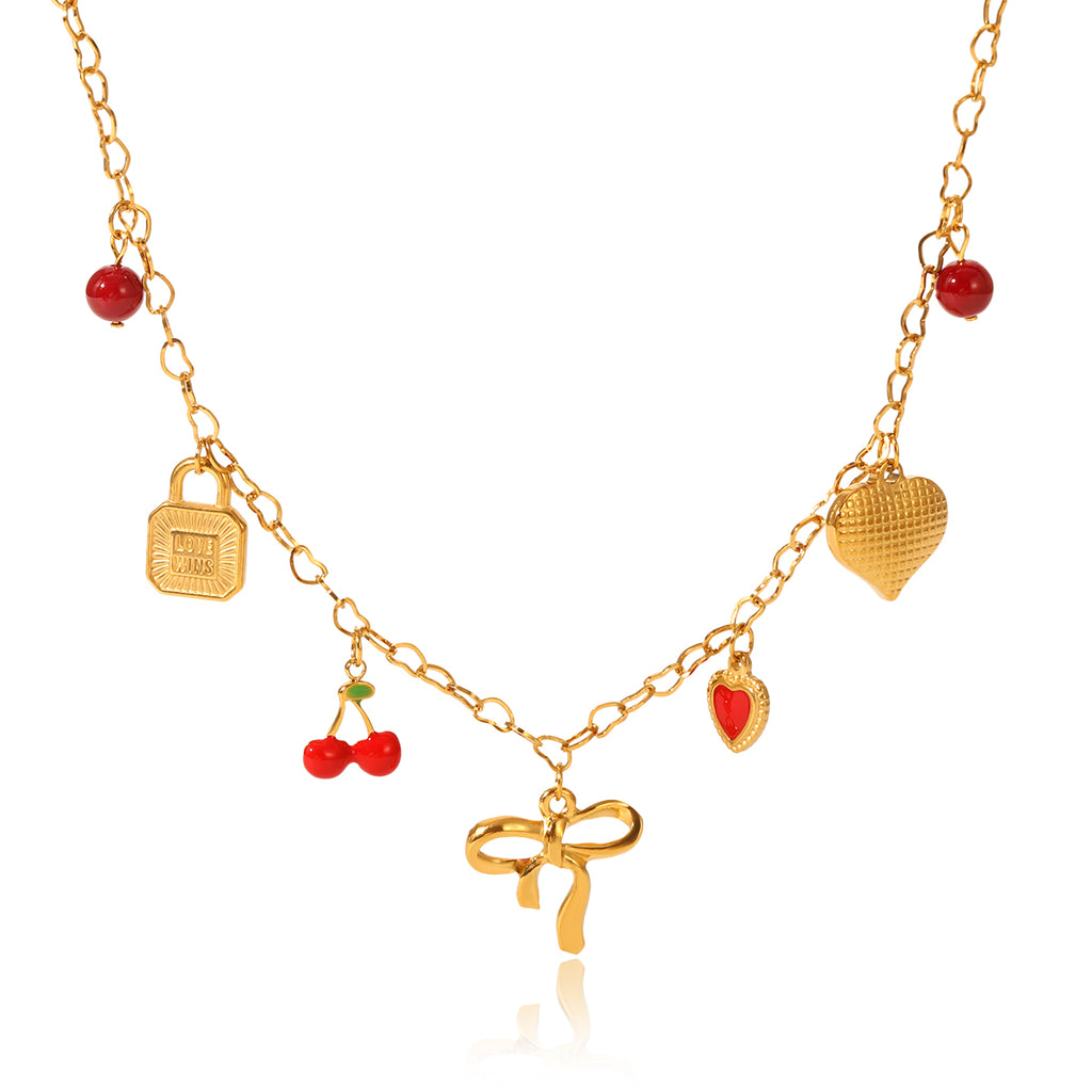 COLLANA FIOCCO CON CIONDOLI E PIETRE ACCIAIO INOX 304 REGOLABILE