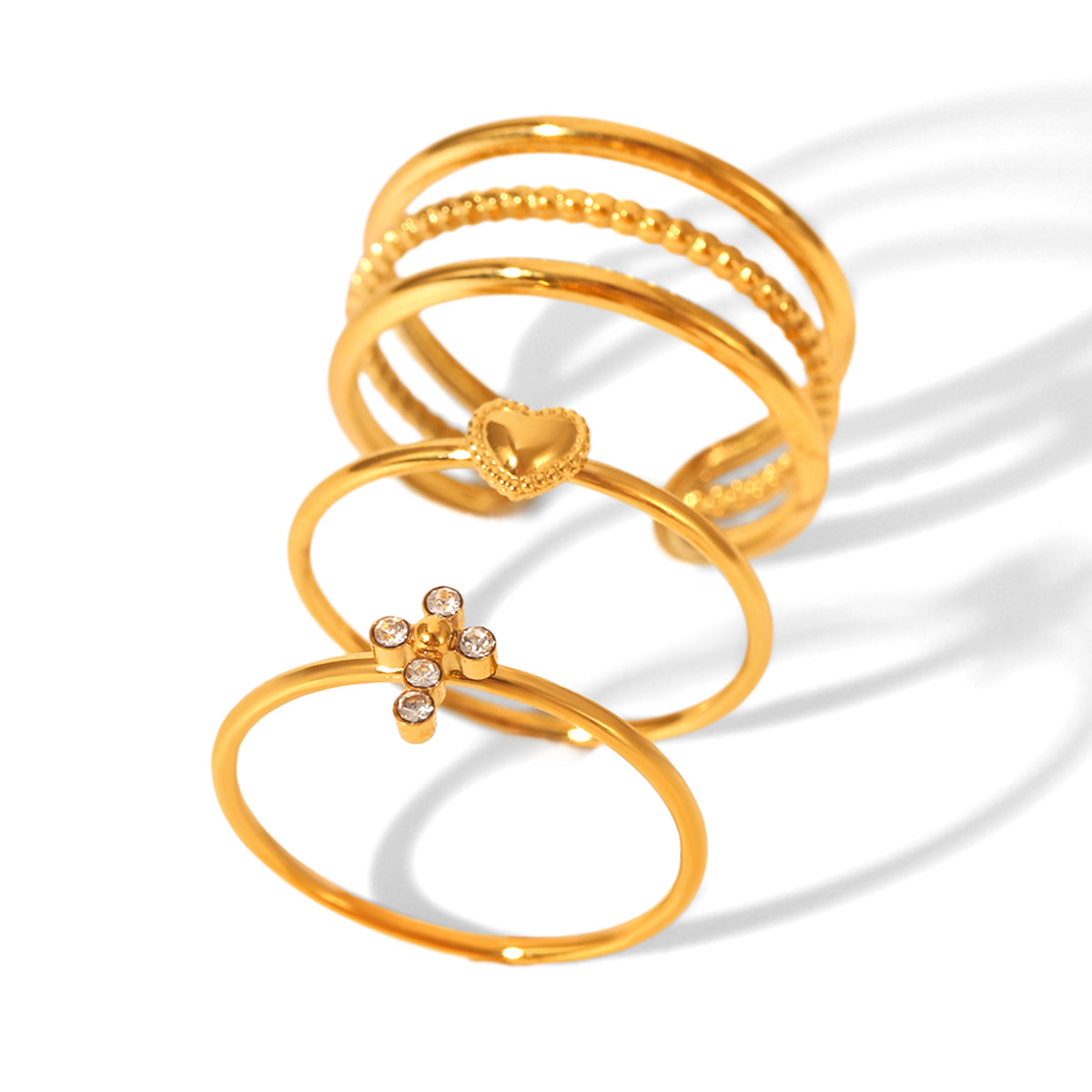 TRIS ANELLI INCROCIO CON  CROCE-CUORE CON ZIRCONI ACCIAIO INOX 304