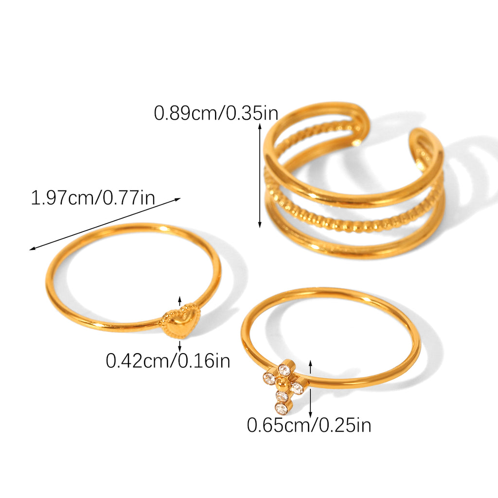 TRIS ANELLI INCROCIO CON  CROCE-CUORE CON ZIRCONI ACCIAIO INOX 304