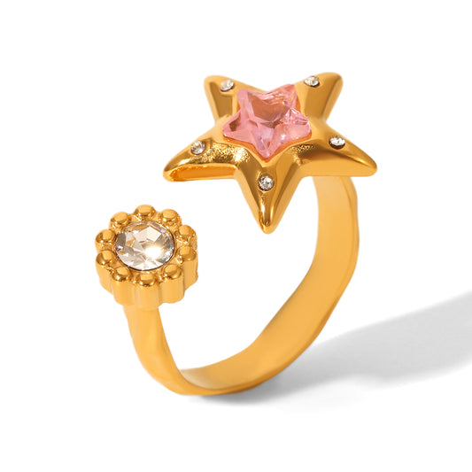 ANELLO STELLA ORO CON STRASS E ZIRCONI INOX 304