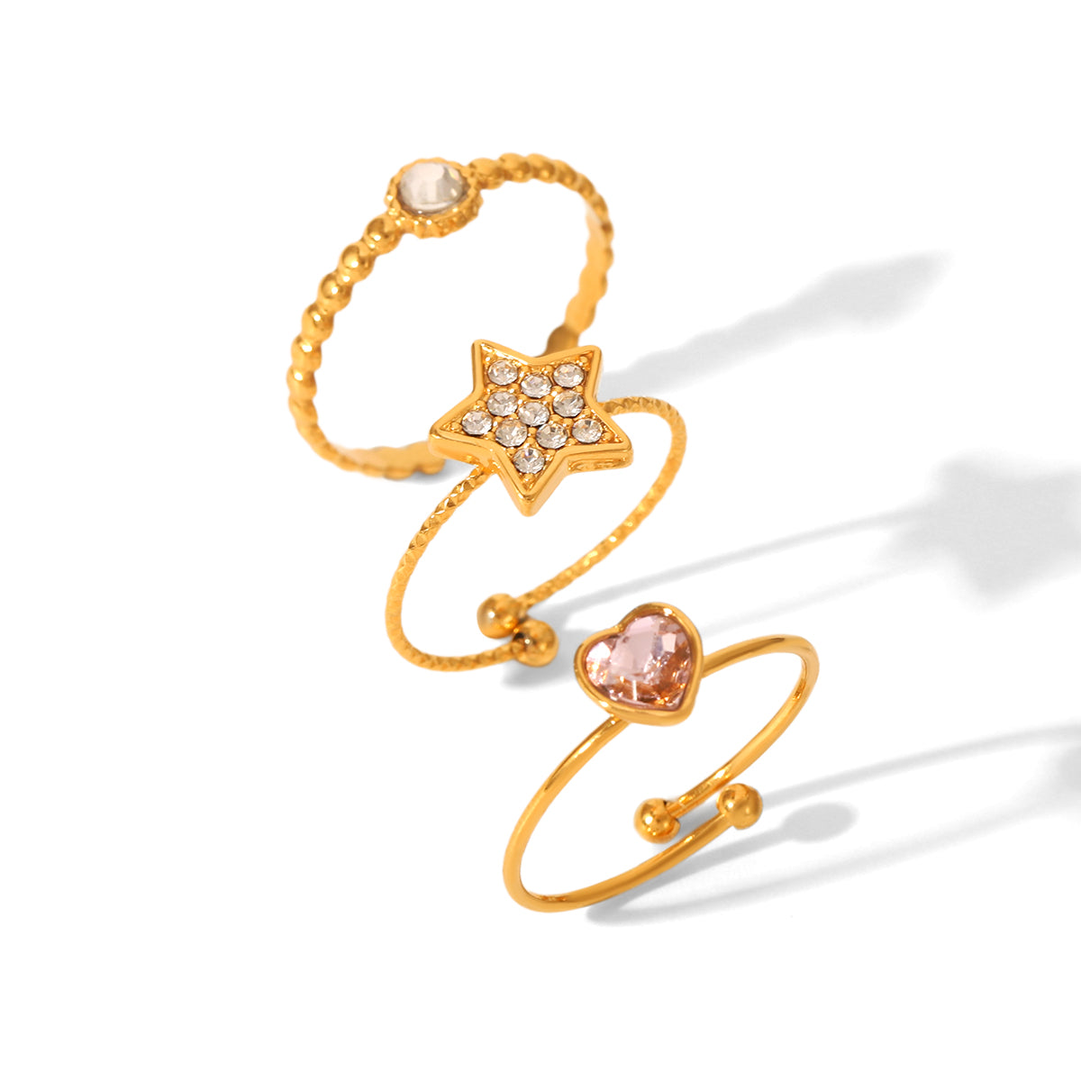 TRIS ANELLI ORO CUORE STELLA CON ZIRCONE IN ACCIAIO INOX 304