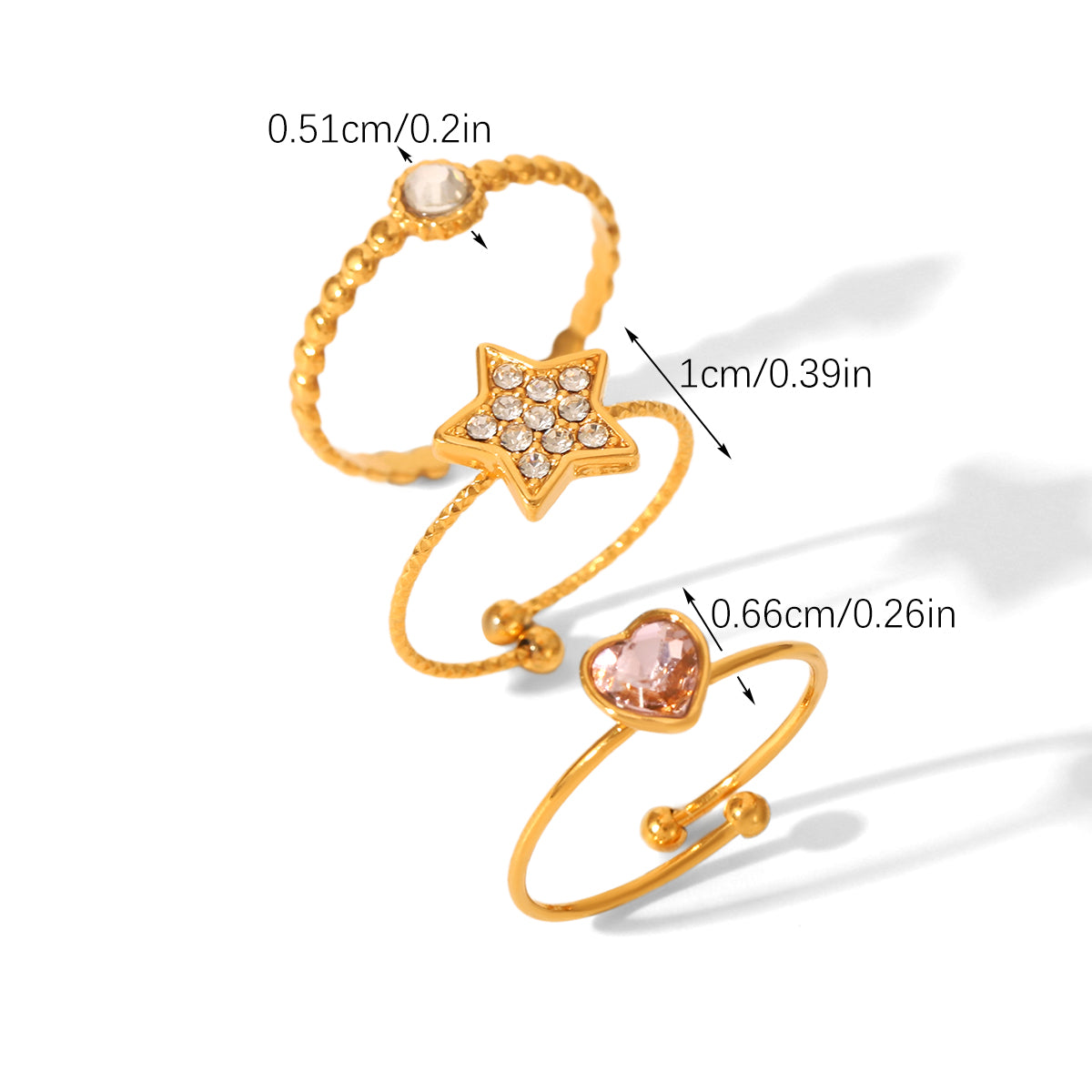 TRIS ANELLI ORO CUORE STELLA CON ZIRCONE IN ACCIAIO INOX 304