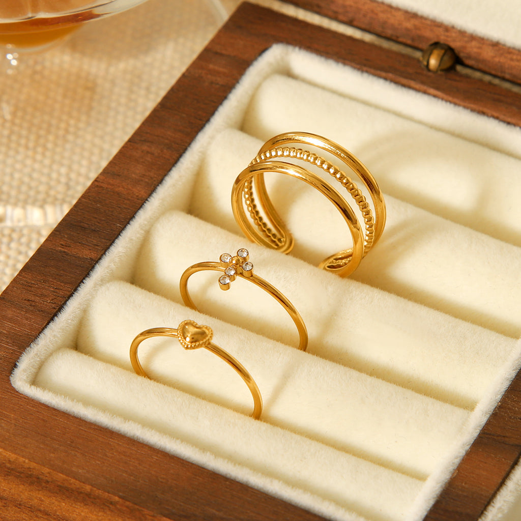 TRIS ANELLI INCROCIO CON  CROCE-CUORE CON ZIRCONI ACCIAIO INOX 304