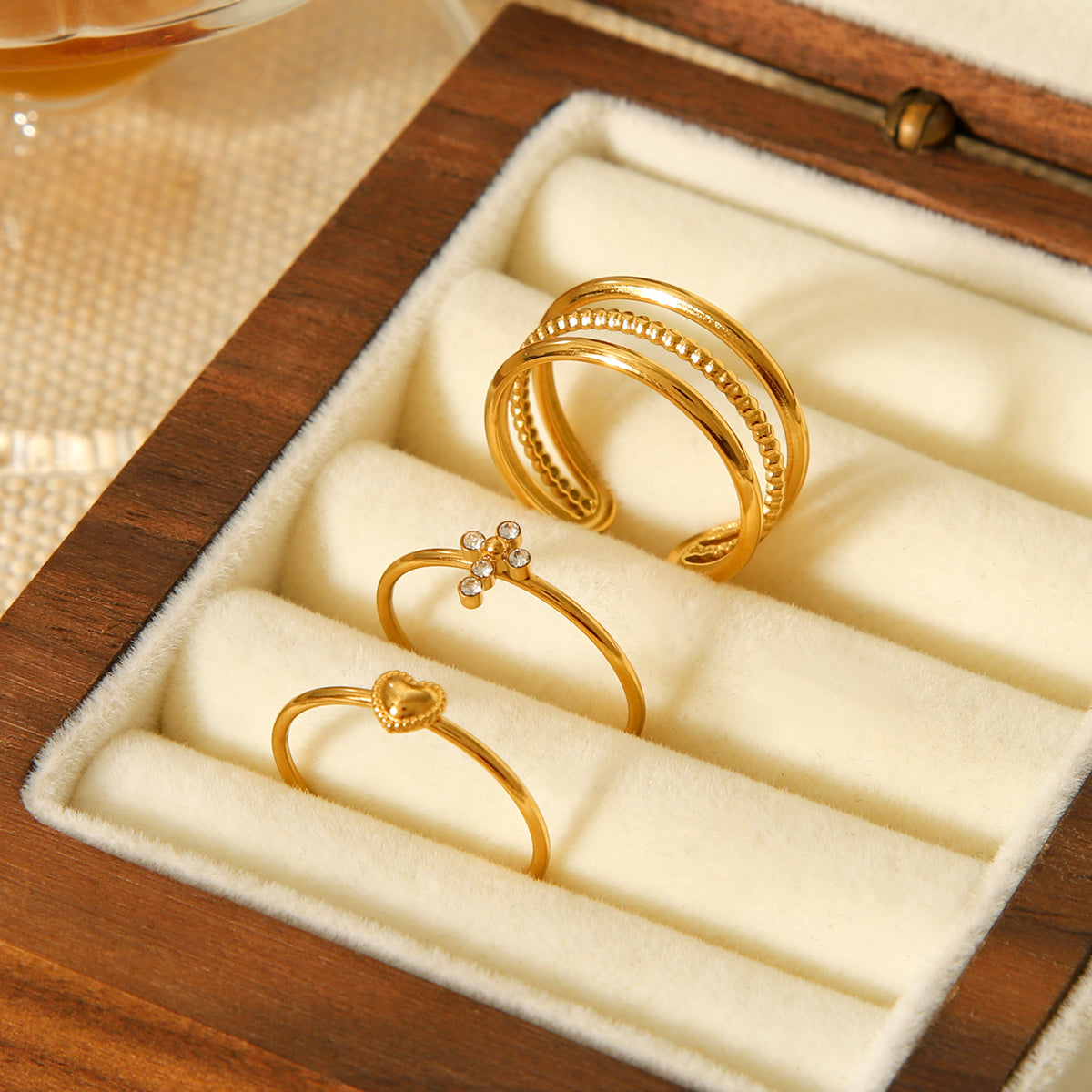 TRIS ANELLI INCROCIO CON  CROCE-CUORE CON ZIRCONI ACCIAIO INOX 304