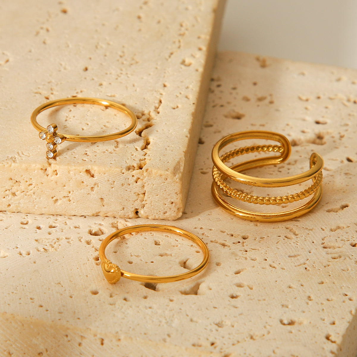 TRIS ANELLI INCROCIO CON  CROCE-CUORE CON ZIRCONI ACCIAIO INOX 304