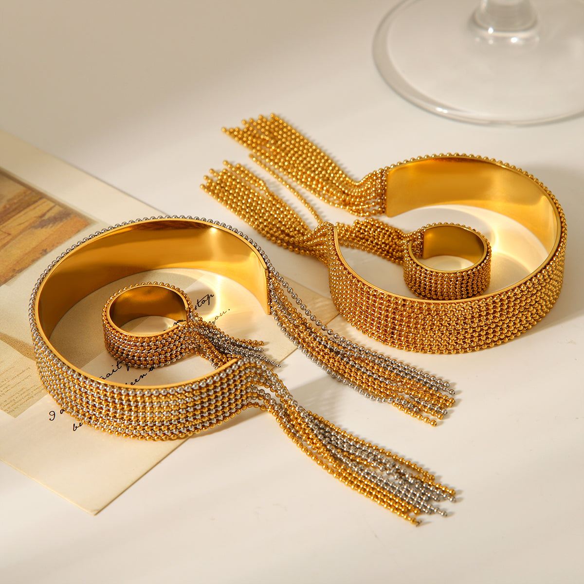 ANELLO ELEGANCE CON PENDENTI IN ORO ACCIAIO INOX 304 REGOLABILE