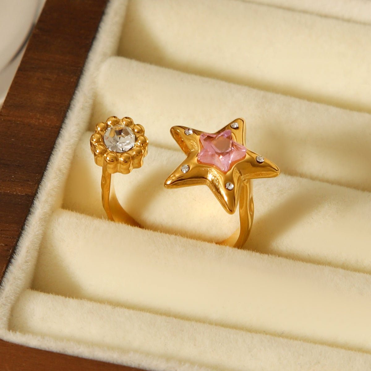 ANELLO STELLA ORO CON STRASS E ZIRCONI INOX 304