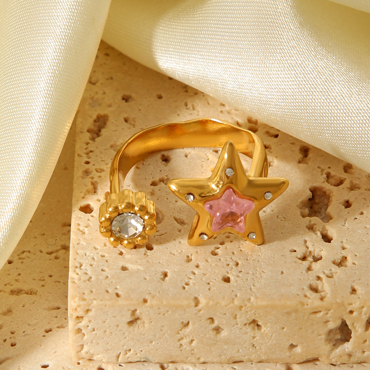 ANELLO STELLA ORO CON STRASS E ZIRCONI INOX 304