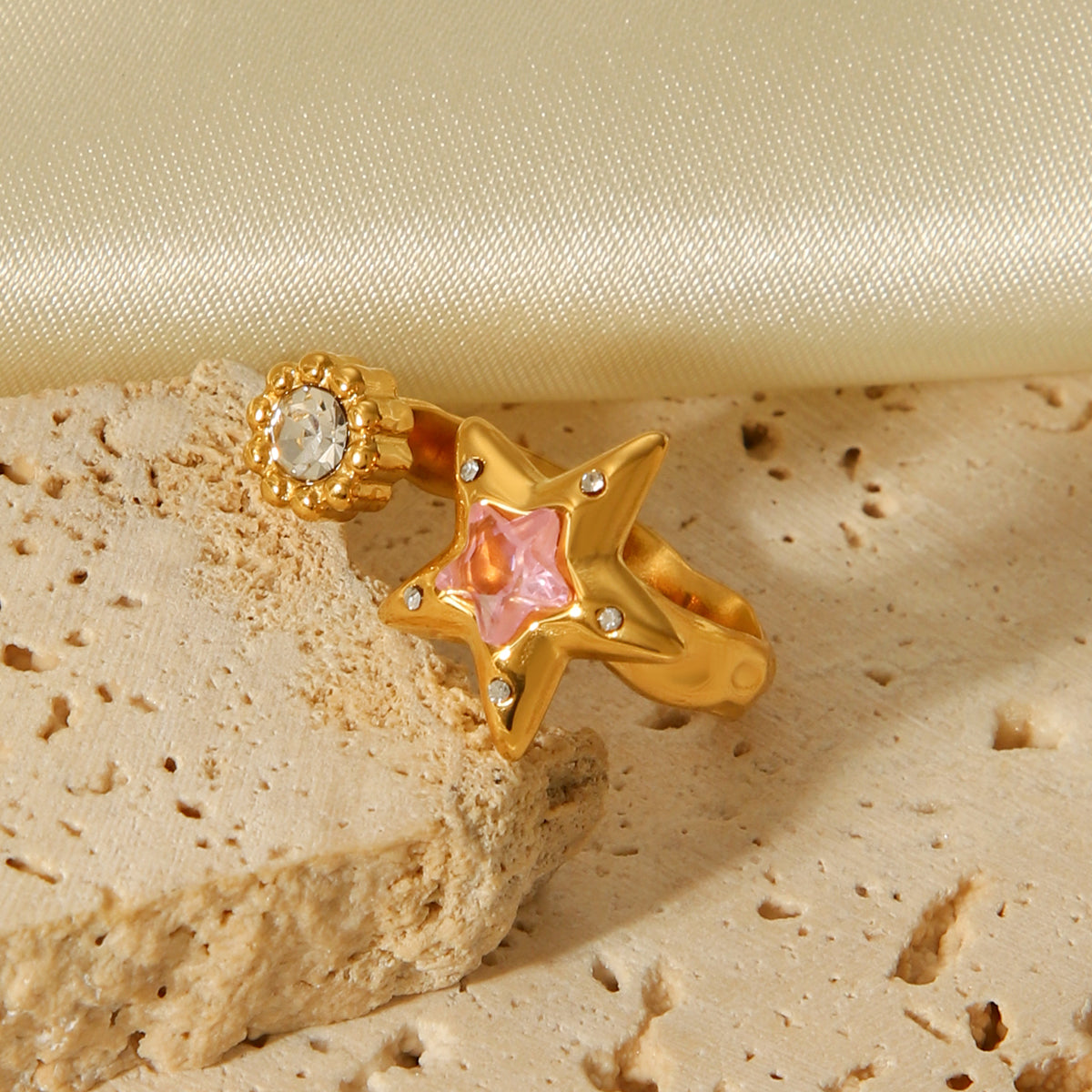 ANELLO STELLA ORO CON STRASS E ZIRCONI INOX 304