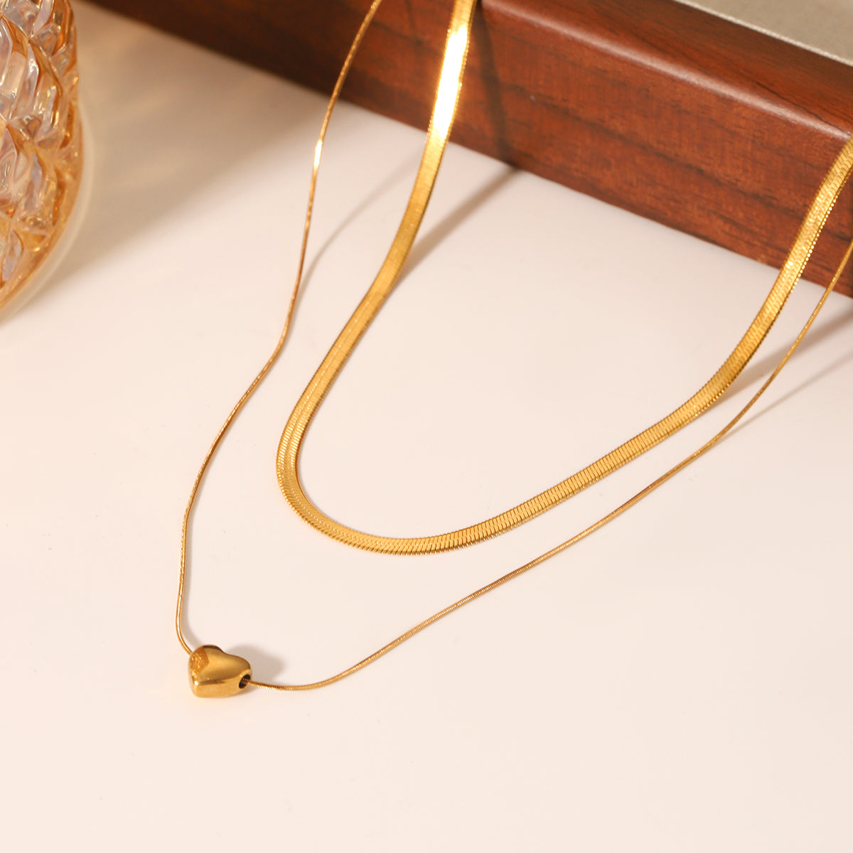 COLLANA SNAKE DOPPIO FILO A CUORE GOLD ACCIAIO INOX 304 REGOLABILE