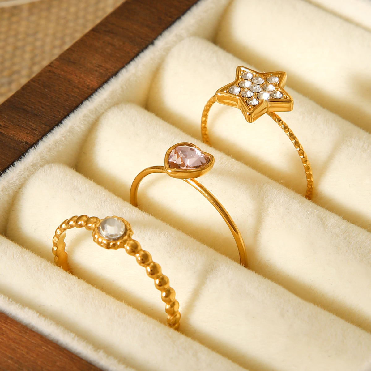 TRIS ANELLI ORO CUORE STELLA CON ZIRCONE IN ACCIAIO INOX 304