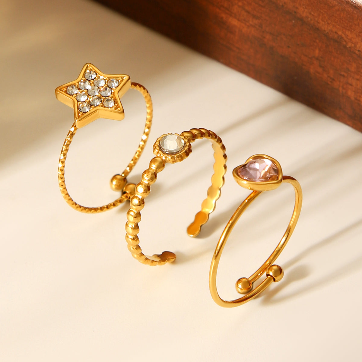 TRIS ANELLI ORO CUORE STELLA CON ZIRCONE IN ACCIAIO INOX 304