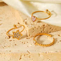 TRIS ANELLI ORO CUORE STELLA CON ZIRCONE IN ACCIAIO INOX 304