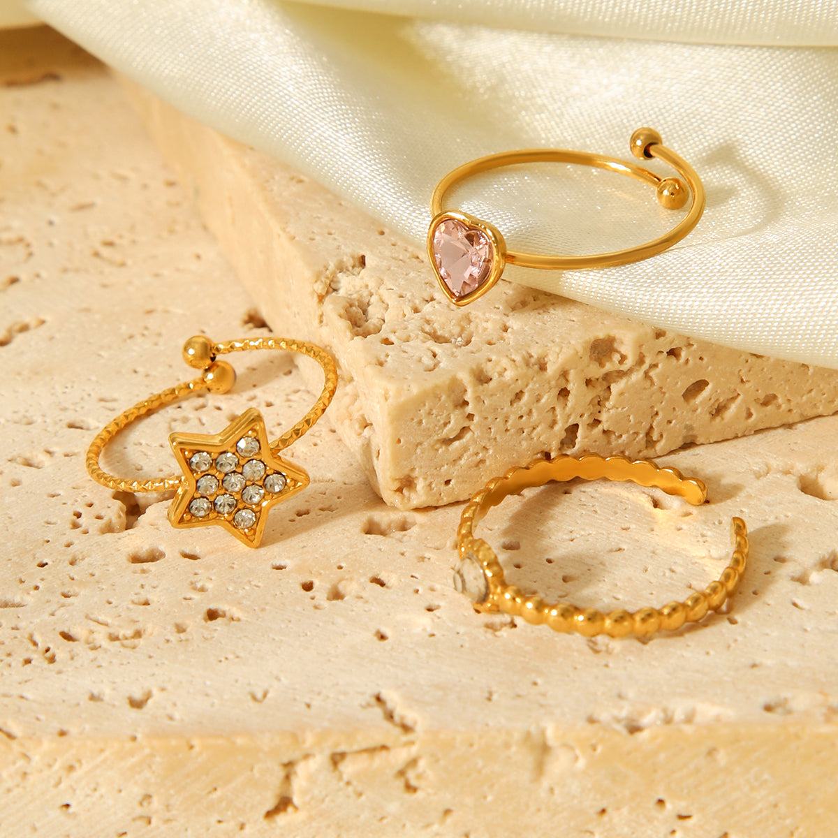 TRIS ANELLI ORO CUORE STELLA CON ZIRCONE IN ACCIAIO INOX 304