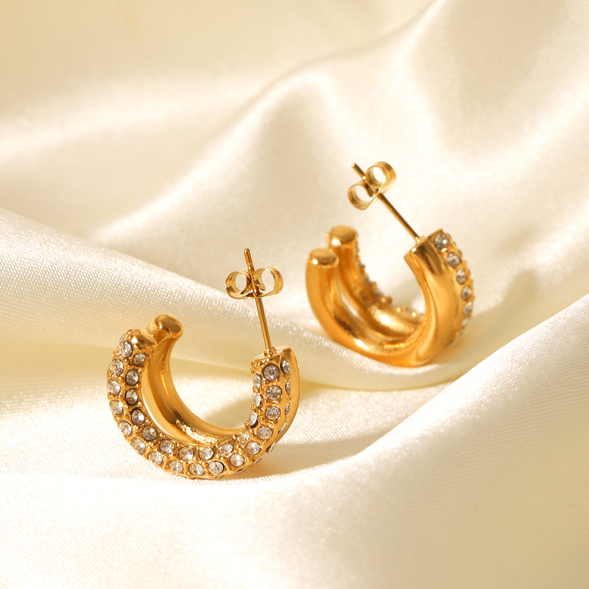 ORECCHINI CERCHIETTI CON STRASS ORO ACCIAIO INOX 304