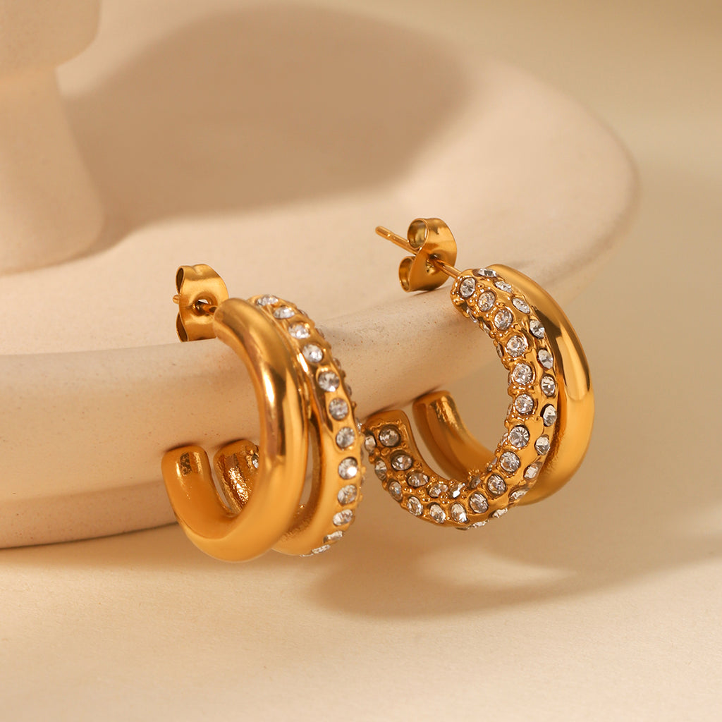 ORECCHINI CERCHIETTI CON STRASS ORO ACCIAIO INOX 304