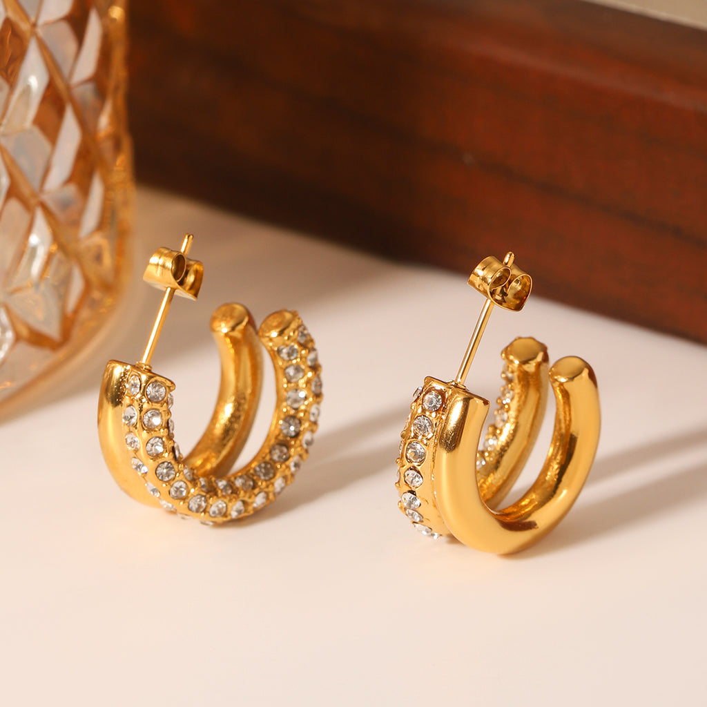 ORECCHINI CERCHIETTI CON STRASS ORO ACCIAIO INOX 304