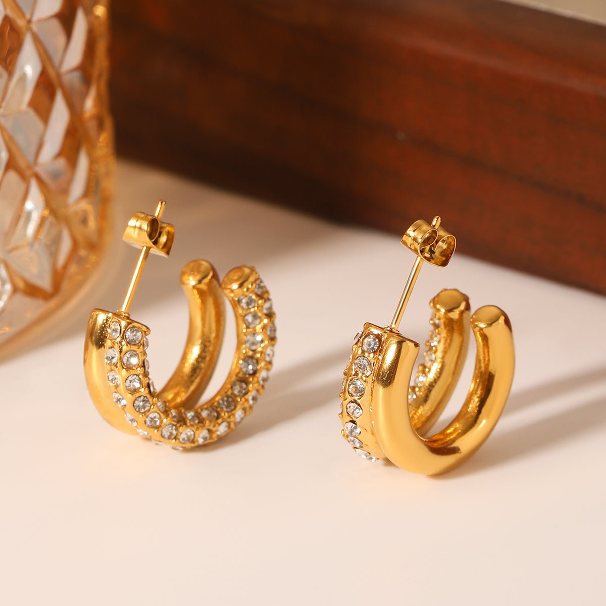 ORECCHINI CERCHIETTI CON STRASS ORO ACCIAIO INOX 304