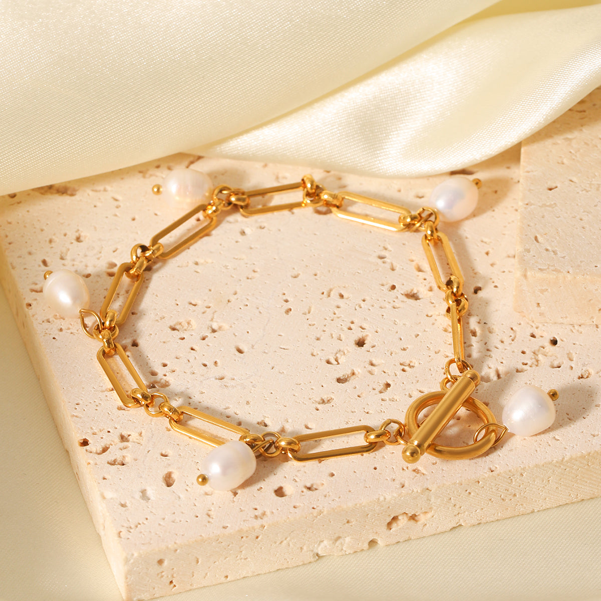 BRACCIALE CONCHIGLIA IN ORO CON PERLE NATURALI ACCIAIO INOX 304 REGOLABILE