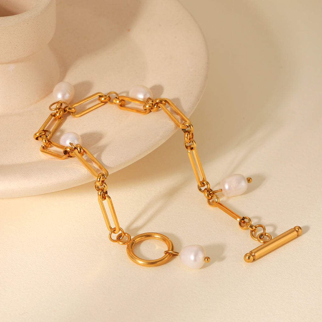 BRACCIALE CONCHIGLIA IN ORO CON PERLE NATURALI ACCIAIO INOX 304 REGOLABILE
