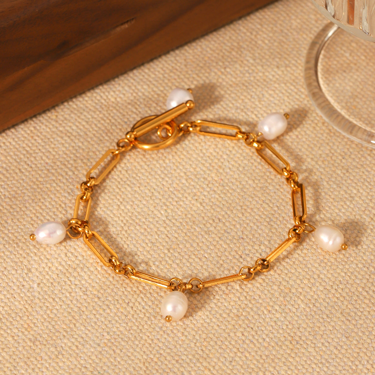 BRACCIALE CONCHIGLIA IN ORO CON PERLE NATURALI ACCIAIO INOX 304 REGOLABILE