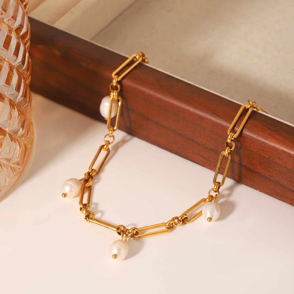 BRACCIALE CONCHIGLIA IN ORO CON PERLE NATURALI ACCIAIO INOX 304 REGOLABILE