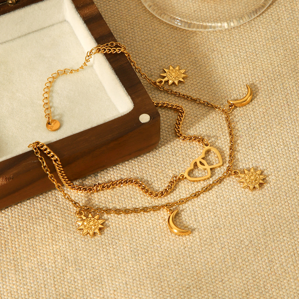 BRACCIALE SOLE LUNA ACCIAIO INOX 304 COLOR ORO CON CIONDOLI