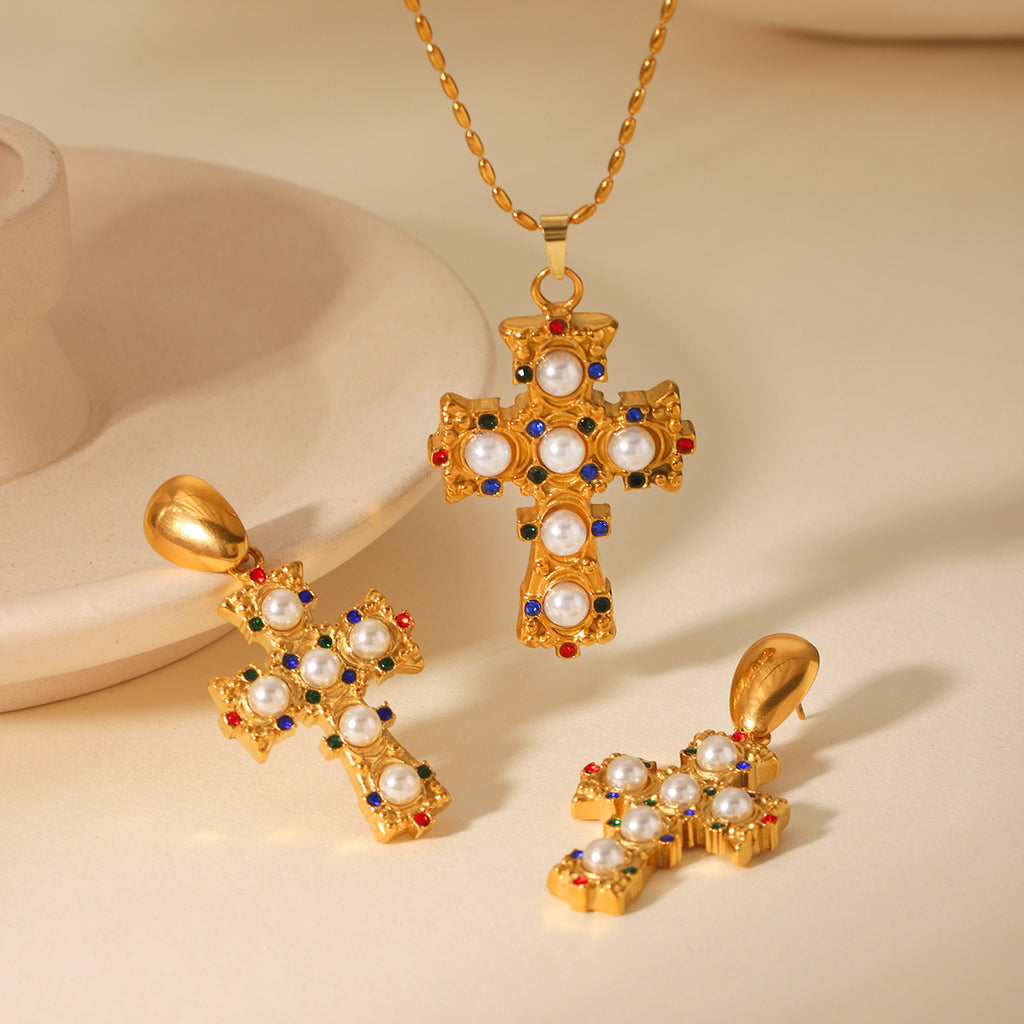 ORECCHINI CROCE CON PERLE  ACCIAIO INOX 304