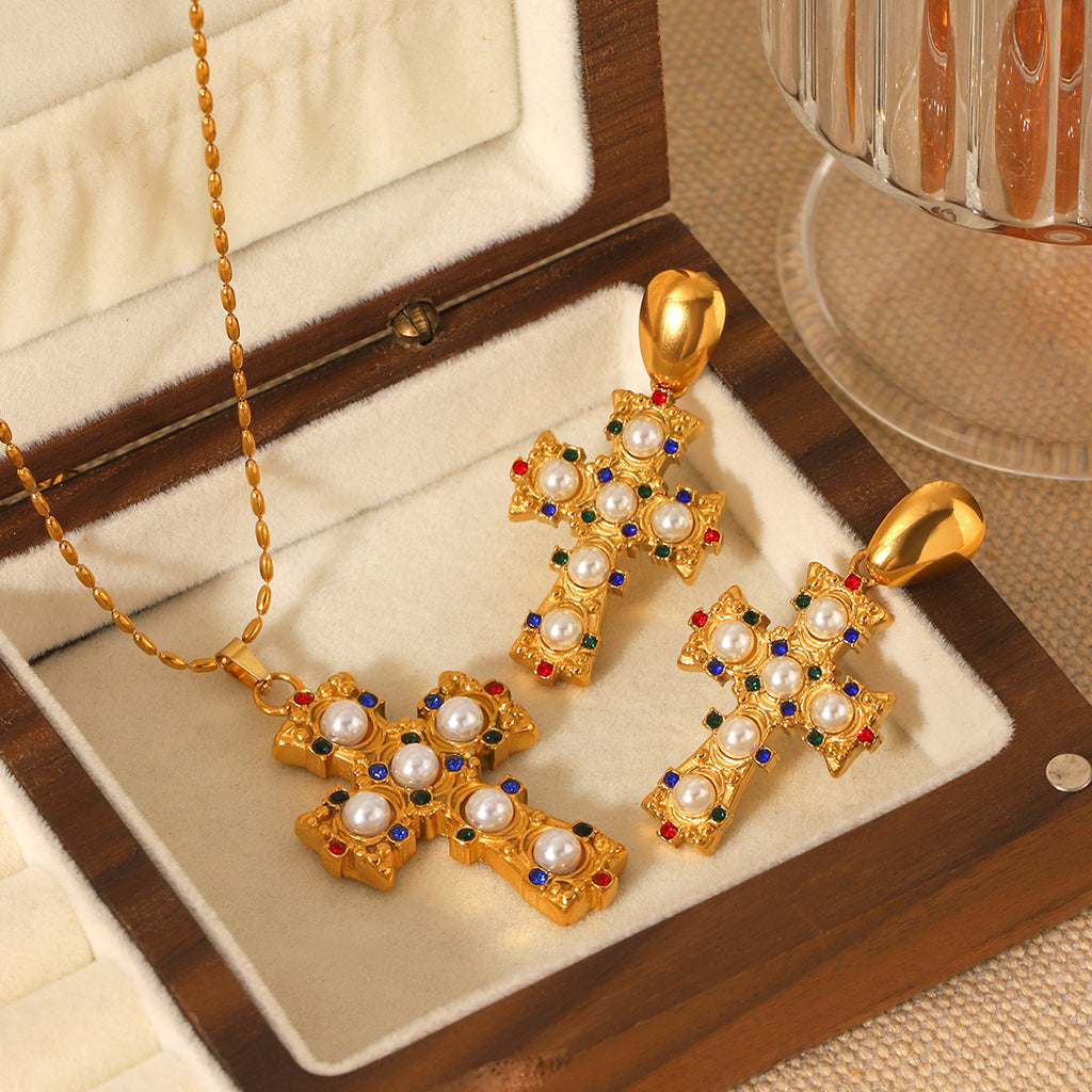 ORECCHINI CROCE CON PERLE  ACCIAIO INOX 304