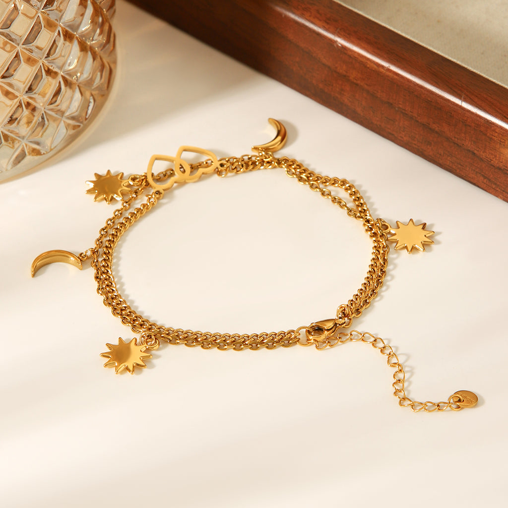 BRACCIALE SOLE LUNA ACCIAIO INOX 304 COLOR ORO CON CIONDOLI