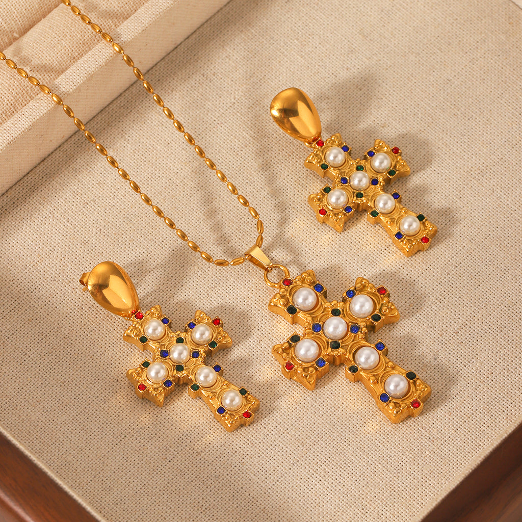 ORECCHINI CROCE CON PERLE  ACCIAIO INOX 304