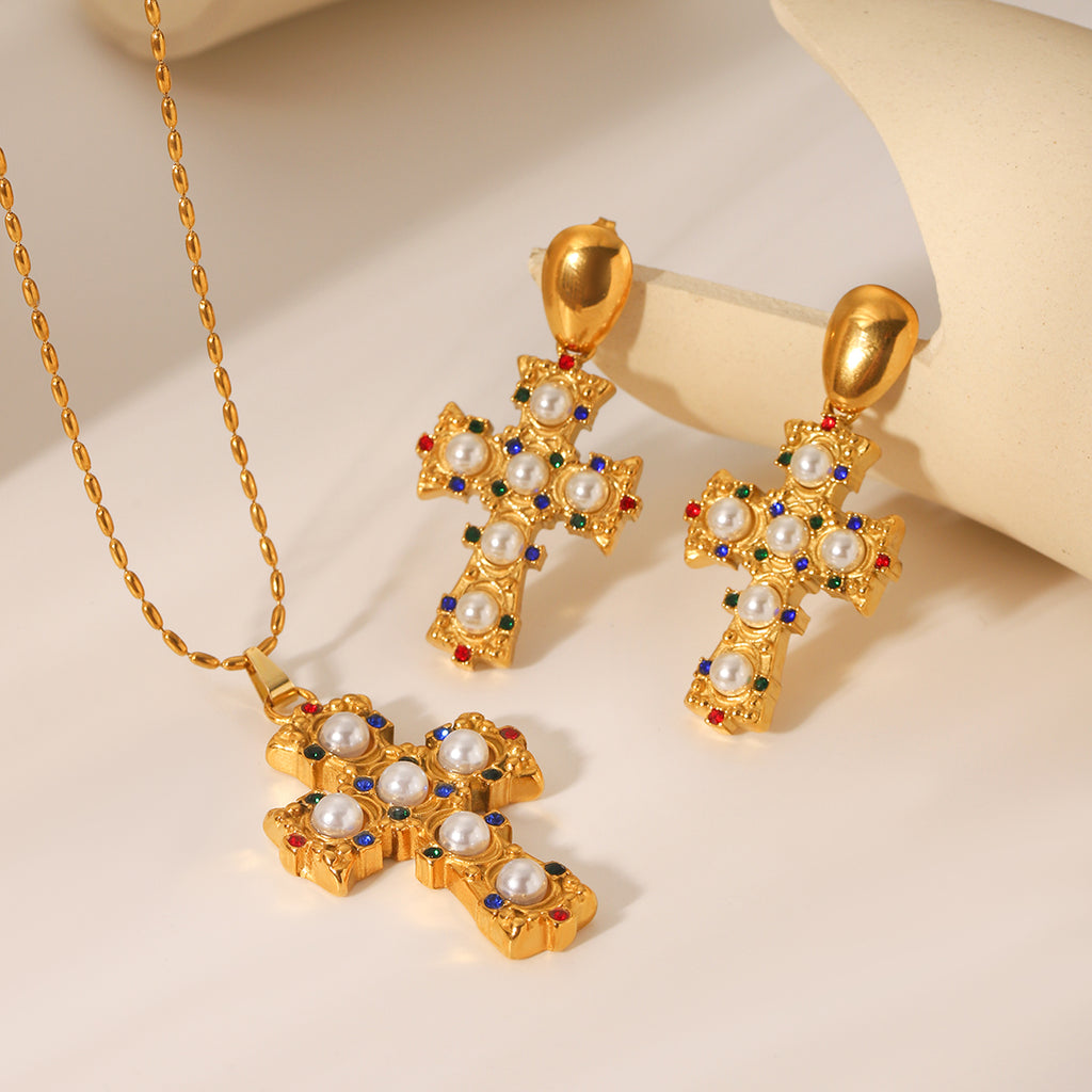 ORECCHINI CROCE CON PERLE  ACCIAIO INOX 304