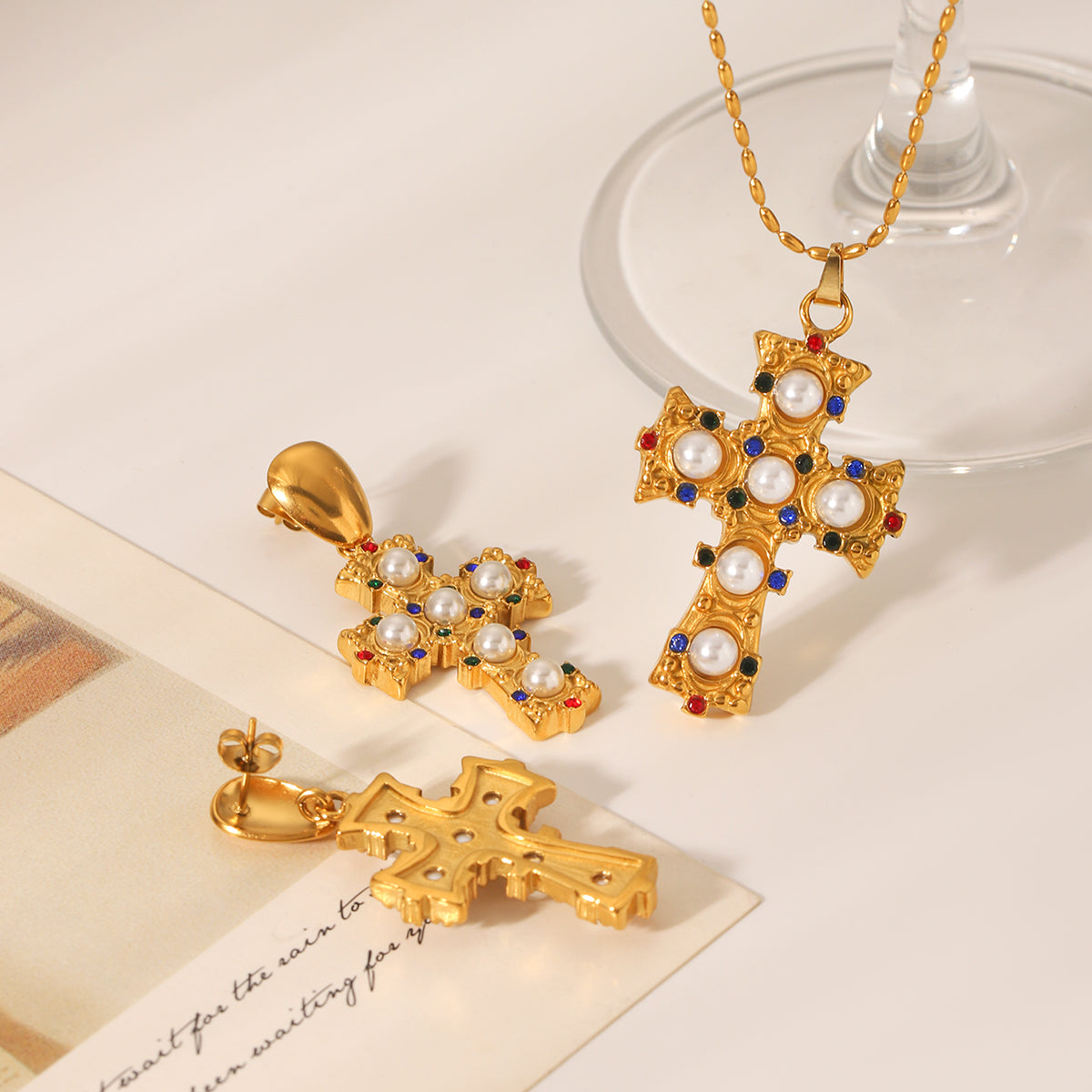 COLLANA CROCE CON PERLE  ACCIAIO INOX 304 REGOLABILE